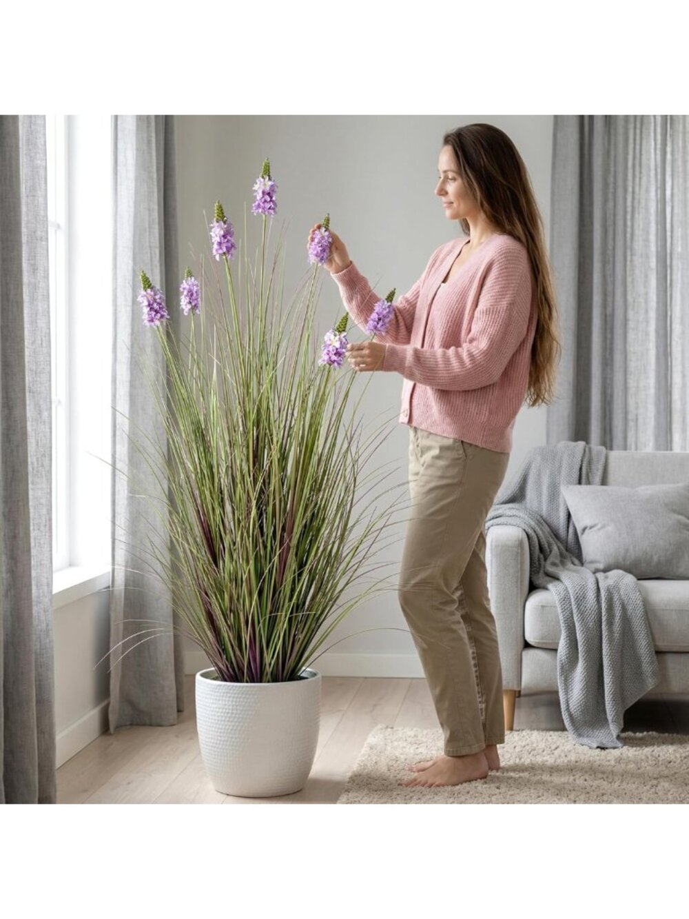 Tall Artificial Grass with Lilac Flowers - 47" Indoor/Outdoor Decorative Plant
